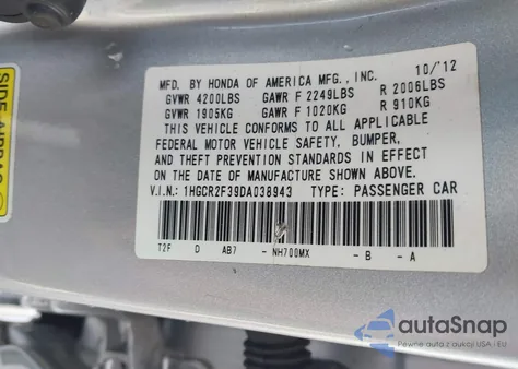 2013 Honda Accord Lx from USA, damaged, VIN 1HGCR2F39DA038943